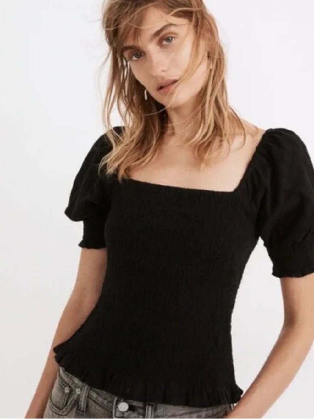 Madewell Lucie Black Square-Neck Puff Sleeve Top